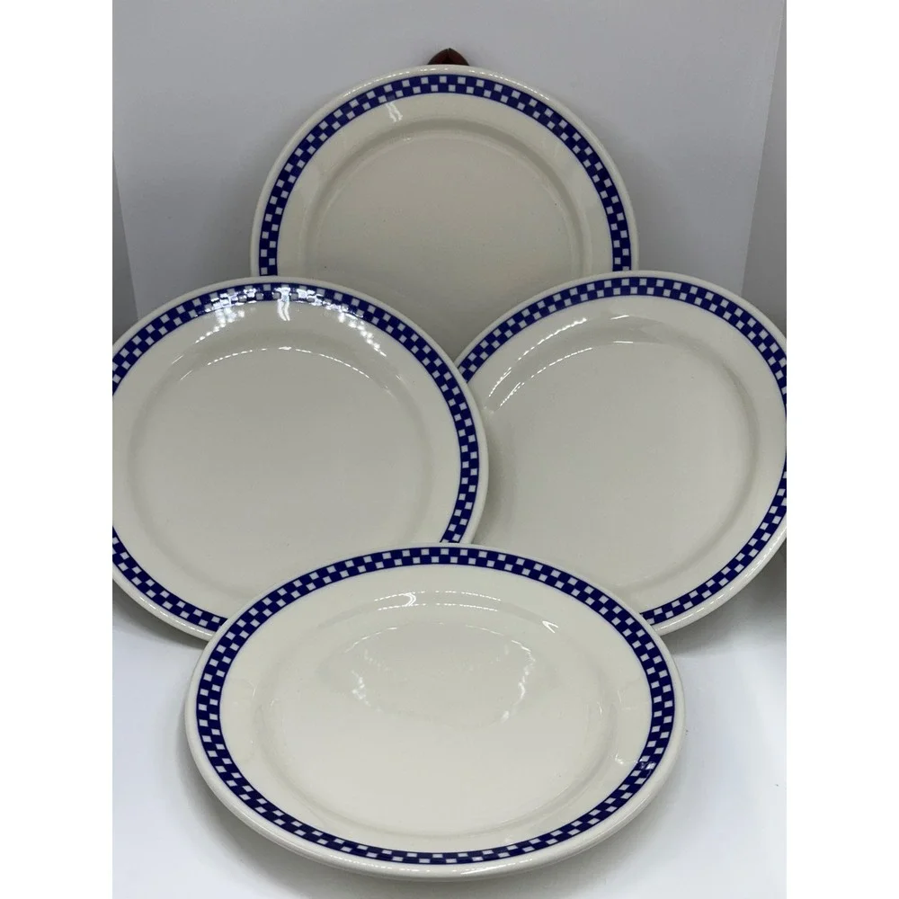 Homer Laughlin Plates White Blue Checkered Border Bistro Diner Restaurant Set 4